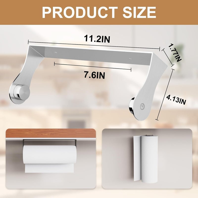 HZE Paper Towel Holder Under Cabinet, Wall Mount, Stainless Steel Paper Towel Holder for Kitchen and Bathroom, Adhesive or Screws, Silver - Image 4